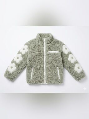 Birch & Stone Sage Green Sherpa Jacket Floral Sleeve Details 3T EUC